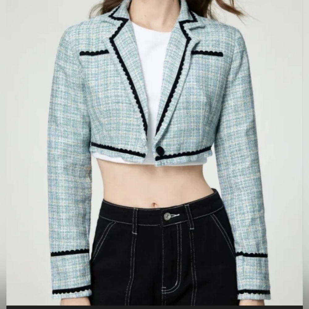 CIDER, Light Blue Tweed Cropped Blazer